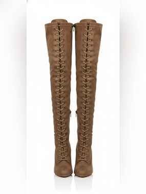 Wild Diva Amaya-07 Brown Faux Suede Lace Up Thigh High Block Heel Boots Size 6